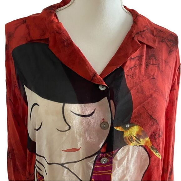Chico’s Red Silk Graphic Asian Print Blouse Size Large NWT - Picture 2 of 11